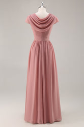 Dusty Rose Langes Chiffon V-Ausschnitt Brautjungfernkleid mit Rüschen und Drapierung